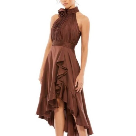 Mac Duggal Chocolate Halter Ruffle Midi Dress 14 Asymmetric Pleated Elegant NWT